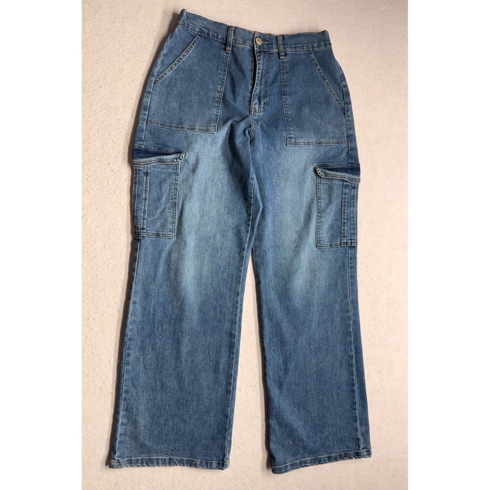 YMI Jeans USA Womens High Rise Cargo Jeans Wide Leg Medium Wash Blue Size L